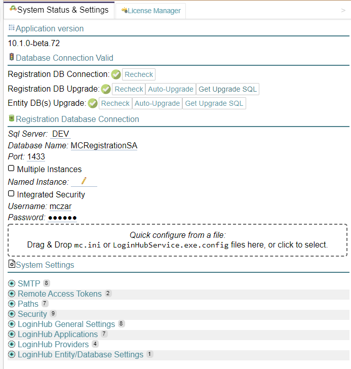 System Status & Settings Page
